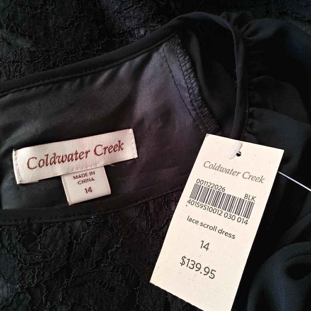 Coldwater Creek Black Lace Dress Sheer Sleeve 14 - Picture 6 of 8